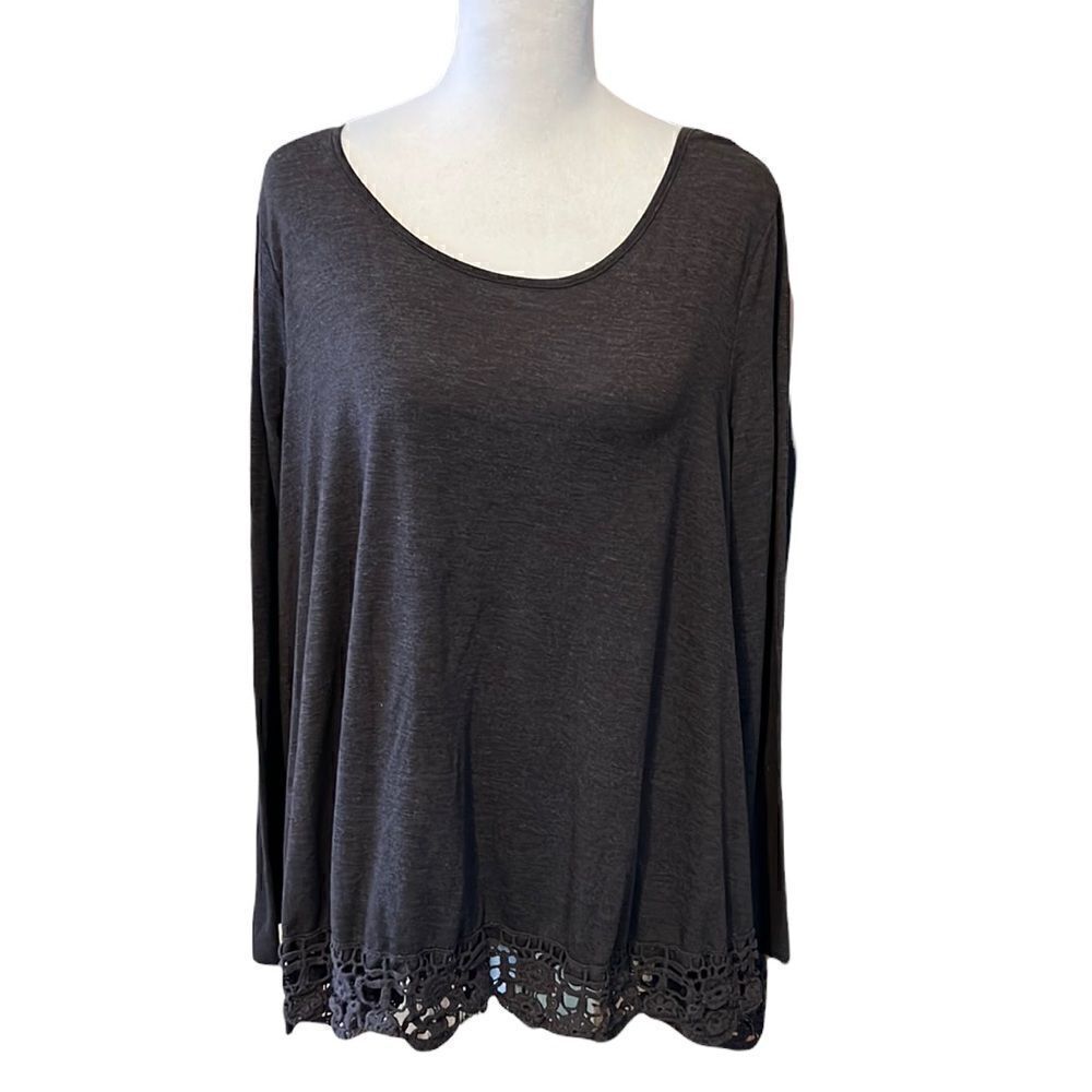 Cecico LS brown flowy T-shirt w/ crocheted trim super cute GUC